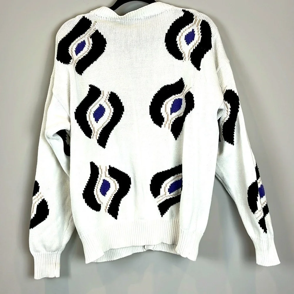 Vintage 90s Henry Grethel Men's Sweater Cardigan Size Medium White Purple Black